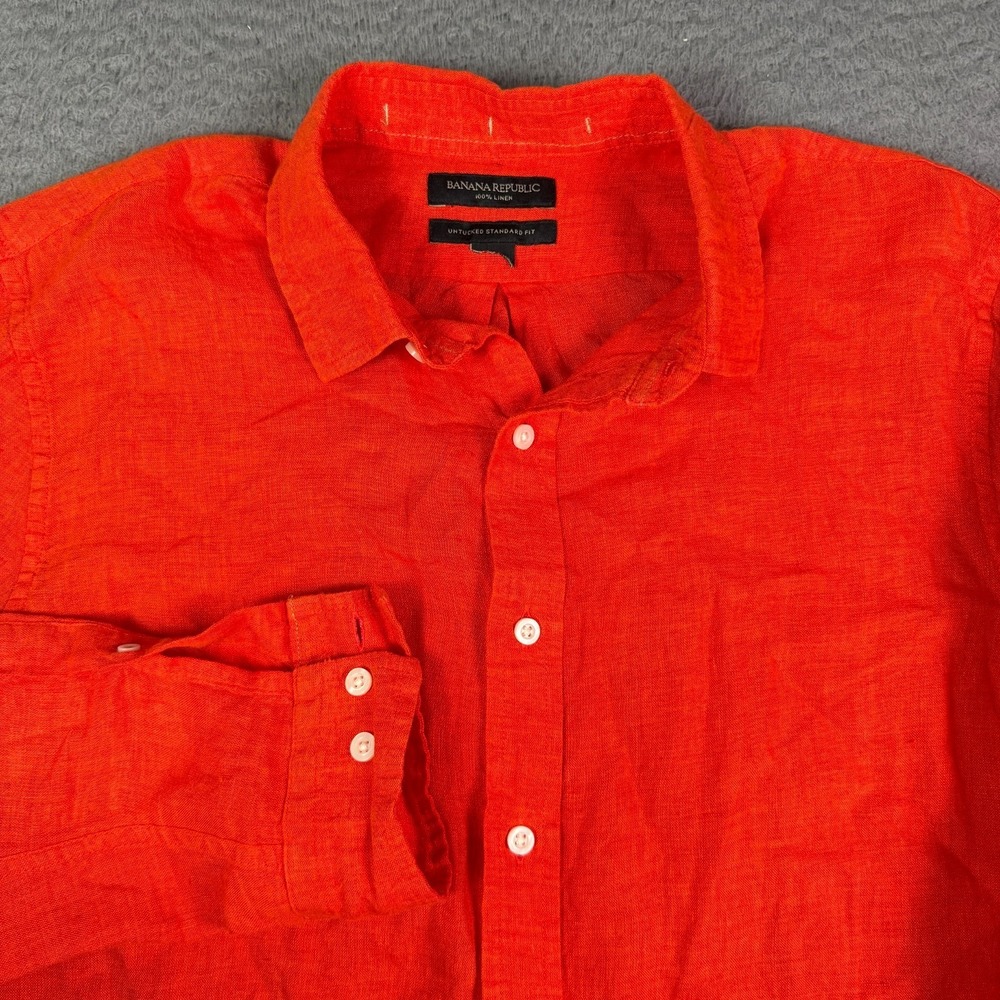 Banana Republic Shirt Mens M Orange Long Sleeve 100% Linen Button Up Summer